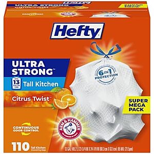 $10.70 110-Count Hefty Ultra Strong 13 Gallon Tall Kitchen Trash Bags, Drawstring,  Citrus Twist  with S&S