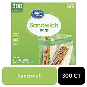 $5.17 300-Count Great Value Double Zipper Sandwich Bags
