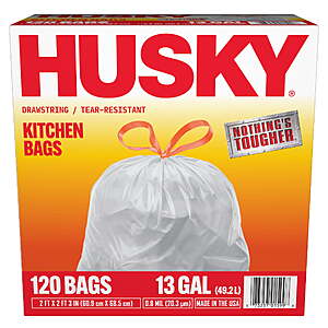 Husky 13 Gallon Tall Kitchen Drawstring Bags, 120 Bags $13.47
