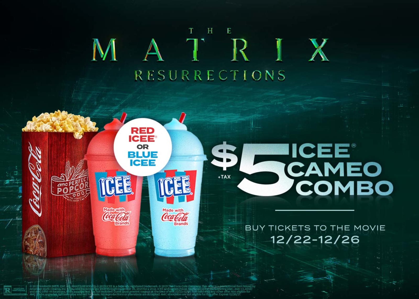 AMC Theatres: Buy The Matrix Resurrections Movie Ticket (12/22-12/26), Get $5 Cameo-size Popcorn & 21oz ICEE Combo