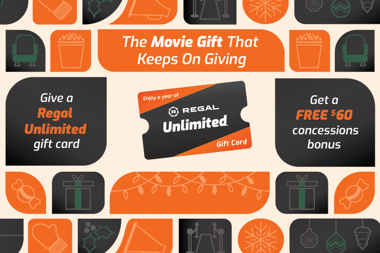 Regal Cinemas Purchase 1Year Regal Unlimited for 300, Get 60 Concessions Gift Card