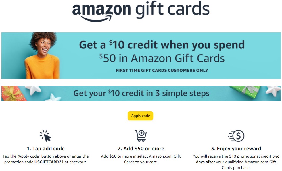 Select Amazon Members: Buy $50 Gift Card, Get $10 Credit. Also, $10 off order when you add Discover card to your account. YMMV