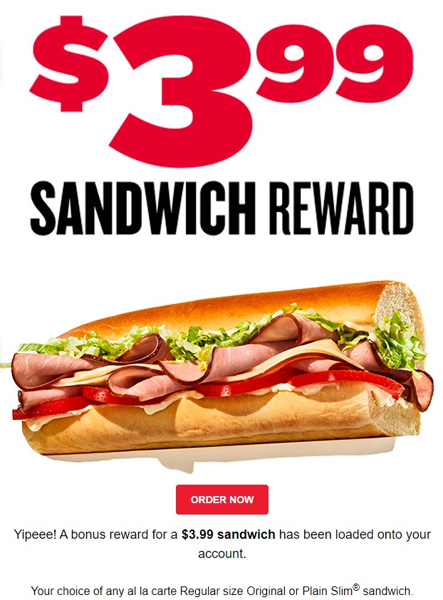 Jimmy John's Freaky Fast Rewards: $3.99 8" Original Sandwich (Targeted / YMMV?)
