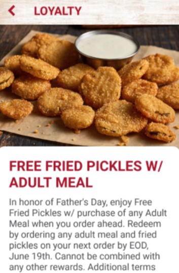 Zaxby's: Free Fried Pickles w/ Purchase of Adult Meal via app (valid 6/19 only)