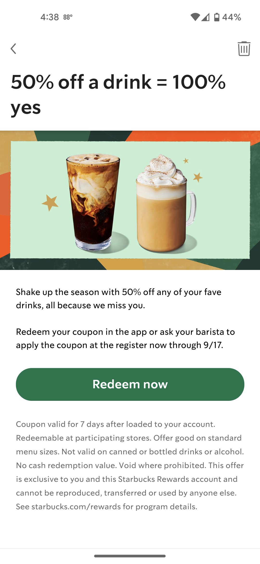 Starbucks "We Miss You" Offer: 50% Off Any Drink (YMMV / Select Accounts)