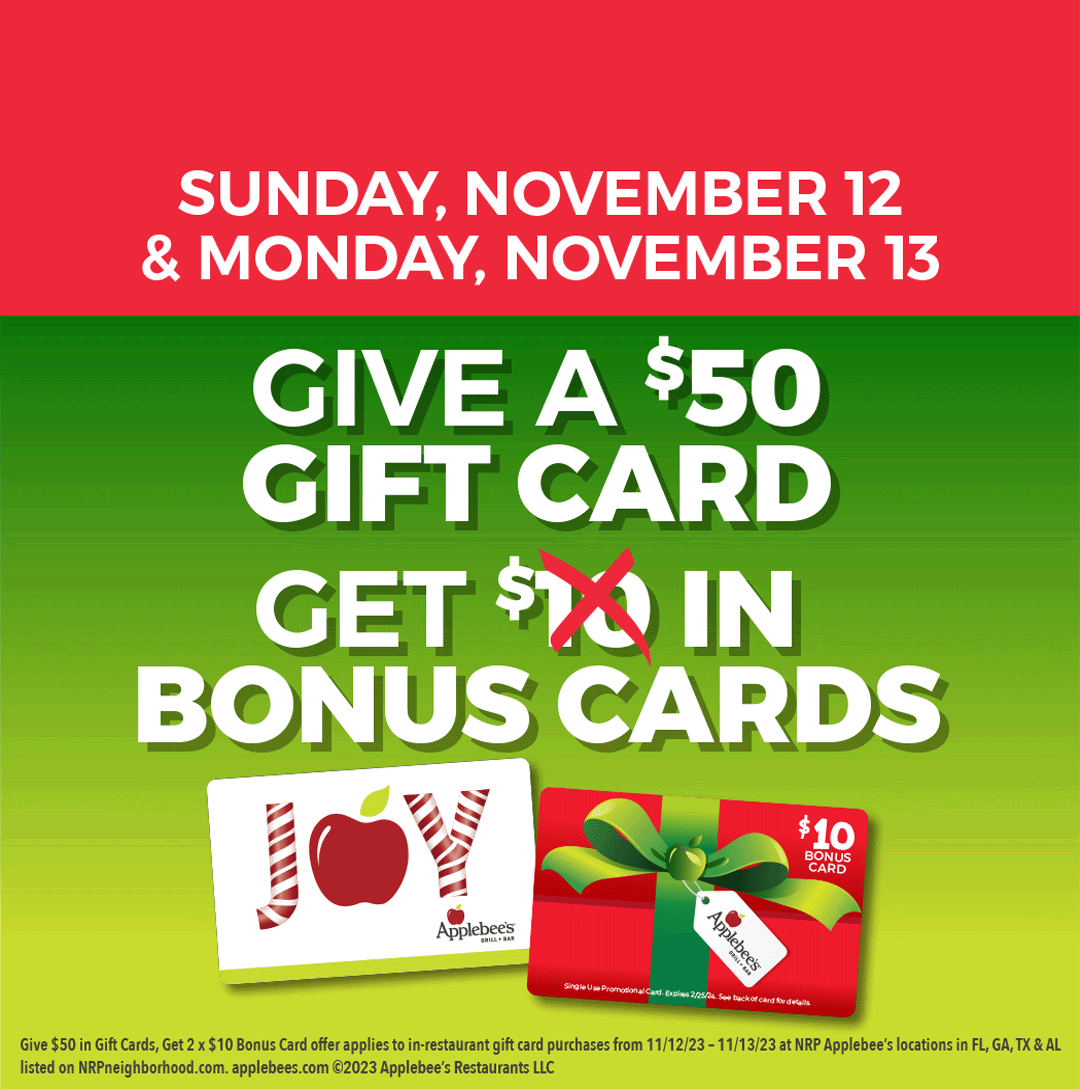 Applebee's (In-Restuarant Offer; FL, GA, TX, AL locations): Buy $50 Gift Card, Get $20 Bonus Card (11/12 - 11/13)