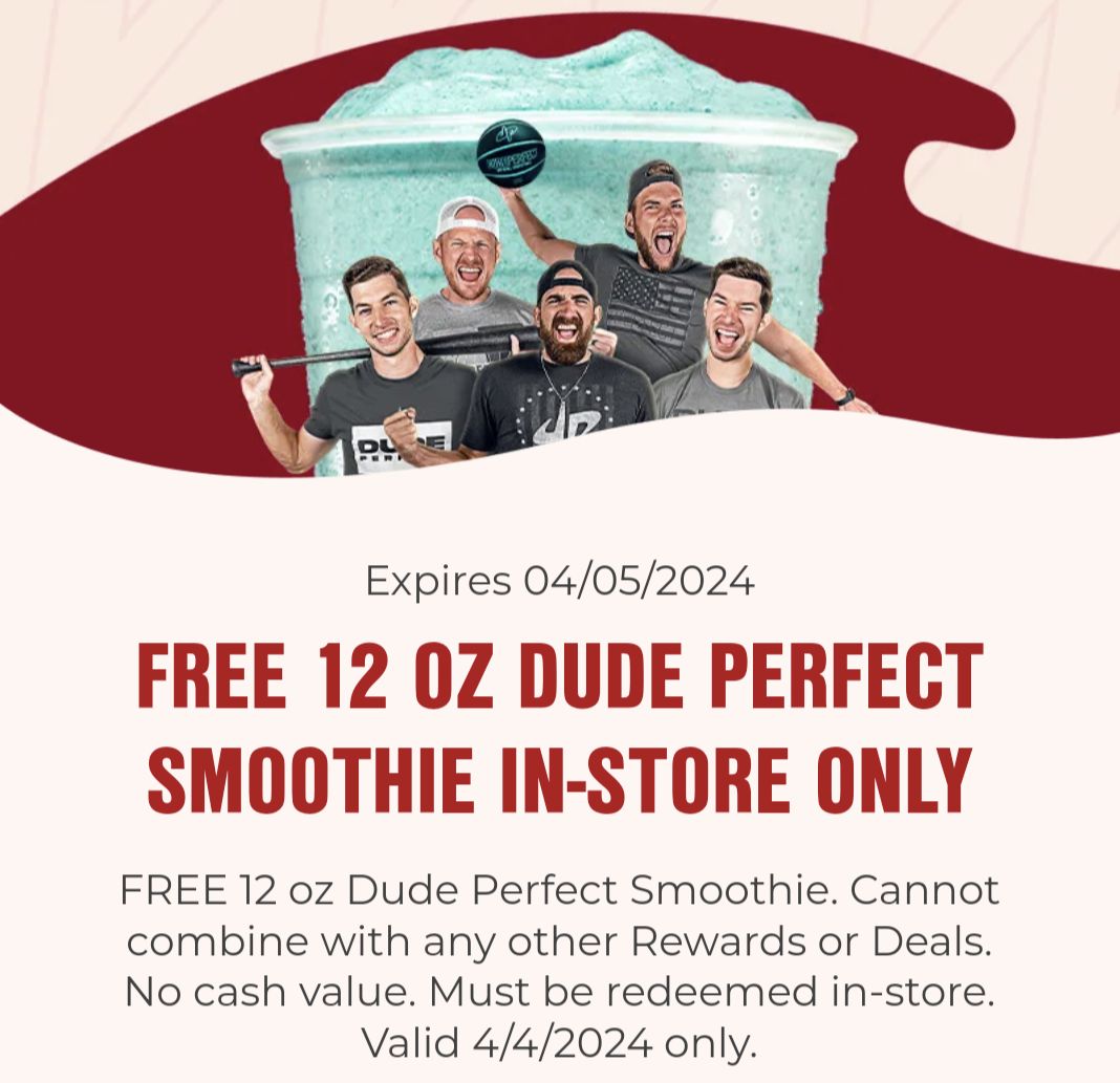 Smoothie King Free 12oz Dude Perfect Smoothie (InStore Only) *Today only