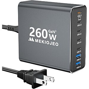 MEKIOJEO 260W 7-Port USB-C GaN 3 Aluminum Alloy Wall Charger $23.40 