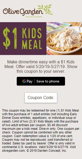 Olive Garden 1 Kids Meal W Adult Entree Purchase Coupon Valid