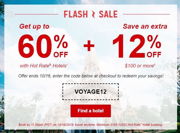 Hotwire: 12% off $100+ for a Hot Rate Hotel (expires 10/16