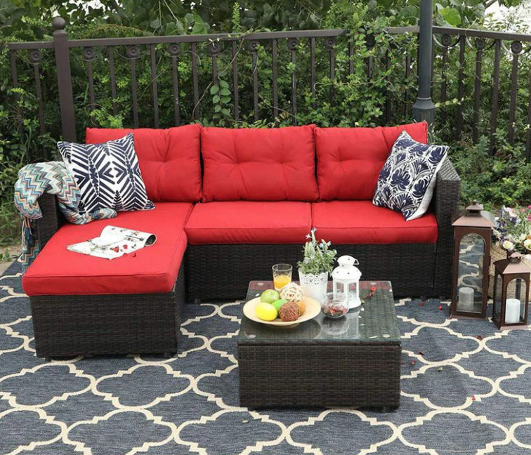 3 Piece Phi Villa Rattan Outdoor Sectional Sofa Set Red
