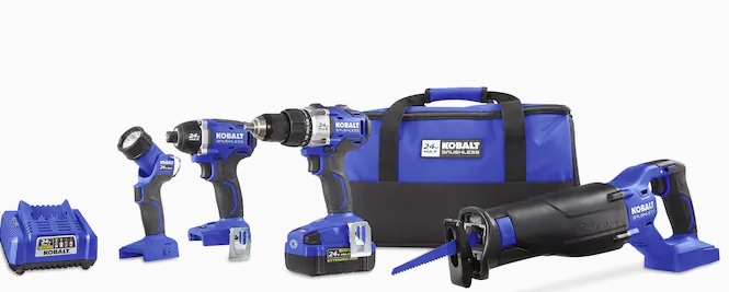 Kobalt 4-Tool 24-Volt Max Brushless Power Tool Combo Kit with Soft Case (1-Battery Included and Charger Included) + FREE TOOL $250