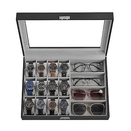 Songmics 16-Slot Watch & Sunglasses Organizer Box w/ Glass Lid (Ink Black/Dove Gray)