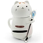 Asmwo Cute 3D Cat Mug Funny Ceramic Coffee Tea Mug with Lid and Stirring Spoon Novelty Birthday Christmas Thanks Giving Gift for Cat Lovers,White 14 oz-D $12.59