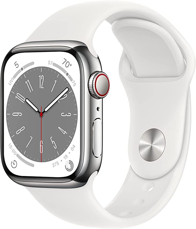 Apple Watch Series 8 [GPS + Cellular 41mm] Smart Watch w/ Silver Stainless Steel Case with White Sport Band - S/M. Amazon- $489.99