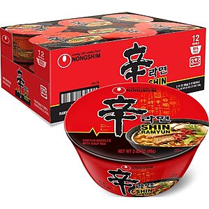 Nongshim Shin Ramyun Bowl Noodles, Spicy Korean Signature Instant Ramyun, Rich Beef Flavored Broth, Quick and Easy, Microwaveable Bowl, 3.03 oz (Pack of 12)