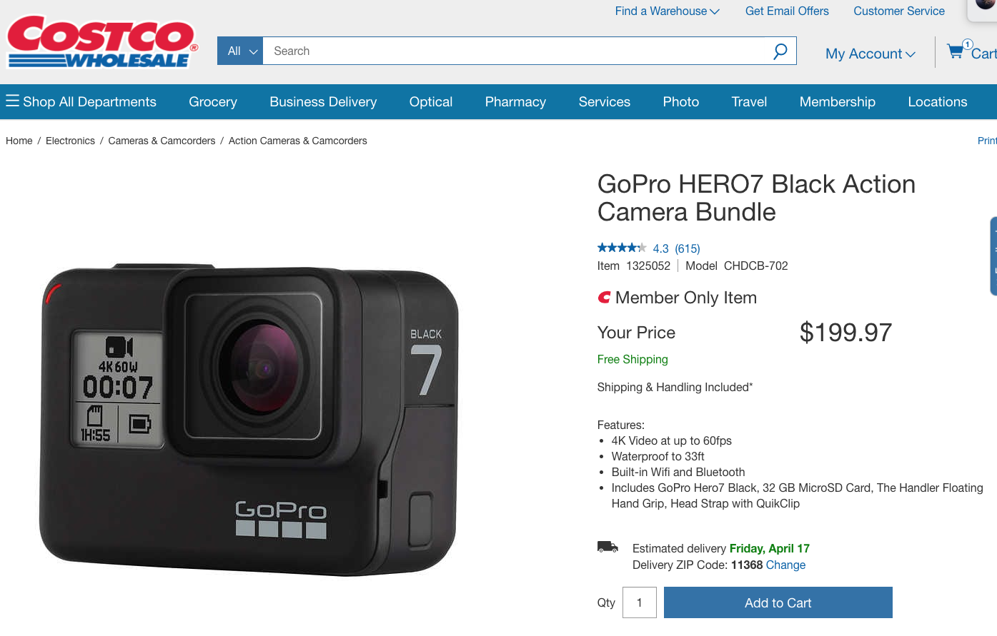 GoPro Hero 7 Black Costco Action Bundle - free shipping $199.97