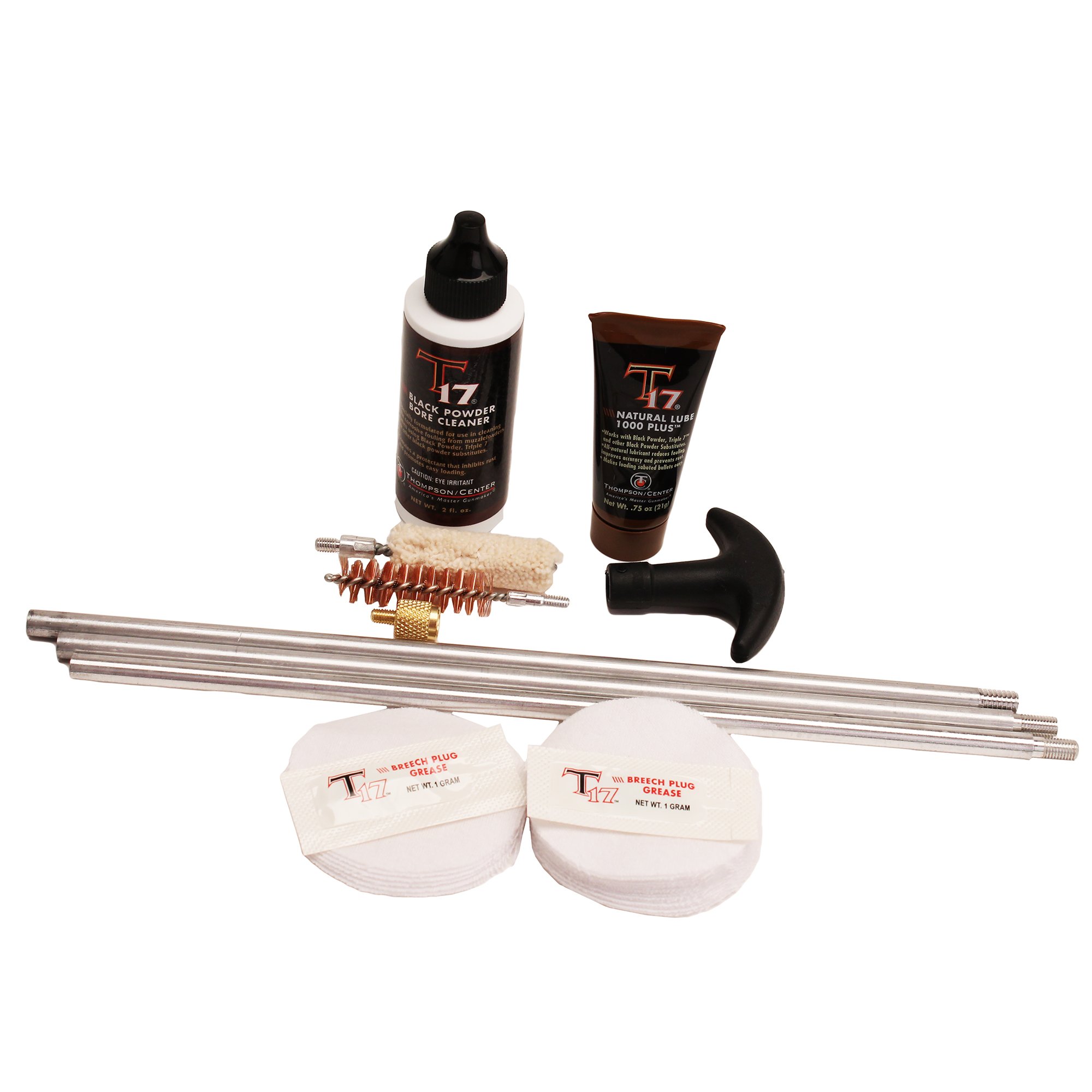 Thompson Center T17 Black Powder Cleaning Kit w Collapsible Cleaning Rod, T17 Natural Lube, Bore Cleaner Solvent, Breech Plug Grease, .50 Cal Jag Cleaning Patches $10.99 Amazon