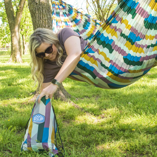 Equip 1 Person Nylon Hammock and Remnants Fabric Drawstring Backpack Multicolor Lines, Size 108" L x 56" W $8.97