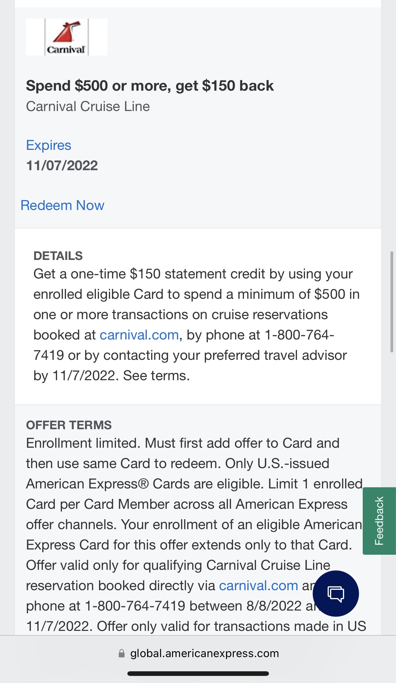 Amex Offer Carnival Cruise Line $150 Statement Credit