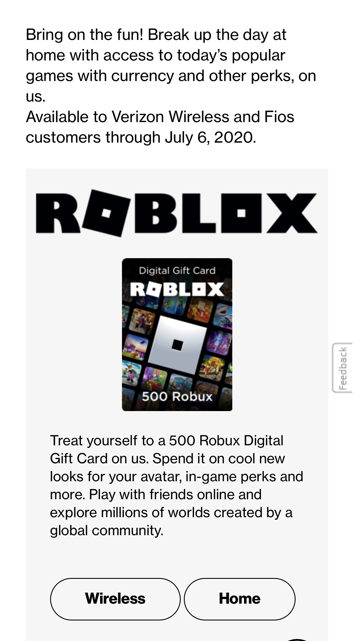 FREE 500 Robux Digital Gift Card for Verizon Customers - Hunt4Freebies