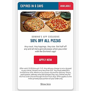 Domino's - 50% Off All Menu-Priced Pizzas With Your First App Order - YMMV