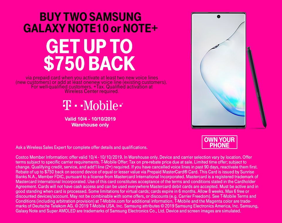 Costco T Mobile Samsung Galaxy Note 10 Bogo 750 Off After Rebate