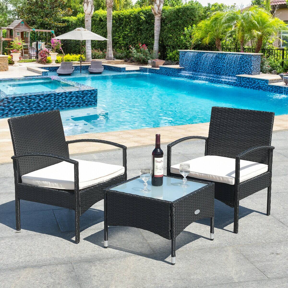 3 Pcs Patio Wicker Rattan Furniture Set with White Cushions $120.95 + Free Shipping