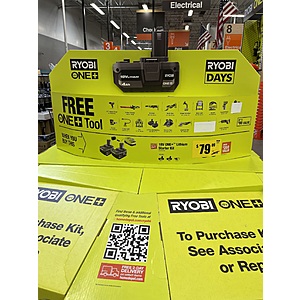 YMMV IN STORE RYOBI ONE 18V 4.0 Ah Battery kit Free Tool 79