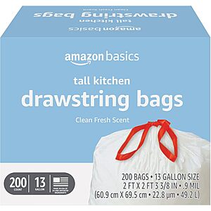 200-Count 13-Gal Amazon Basics Tall Kitchen Drawstring Trash Bags (Clean Fresh Scent) $14.70 w/ Subscribe & Save