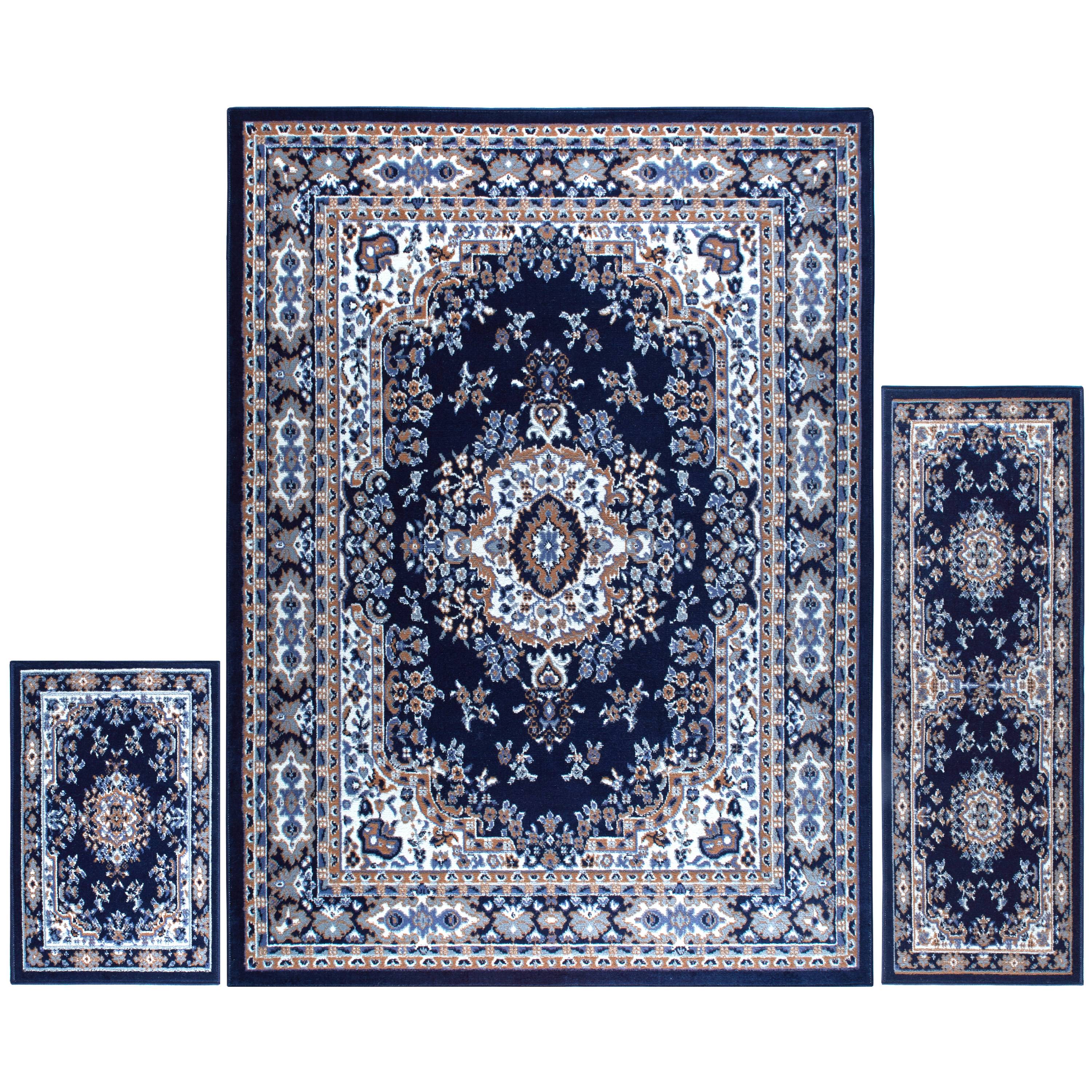 3 Pc Home Dynamix Ariana Ksara Area Rug Set Navy Blue Brown Ivory