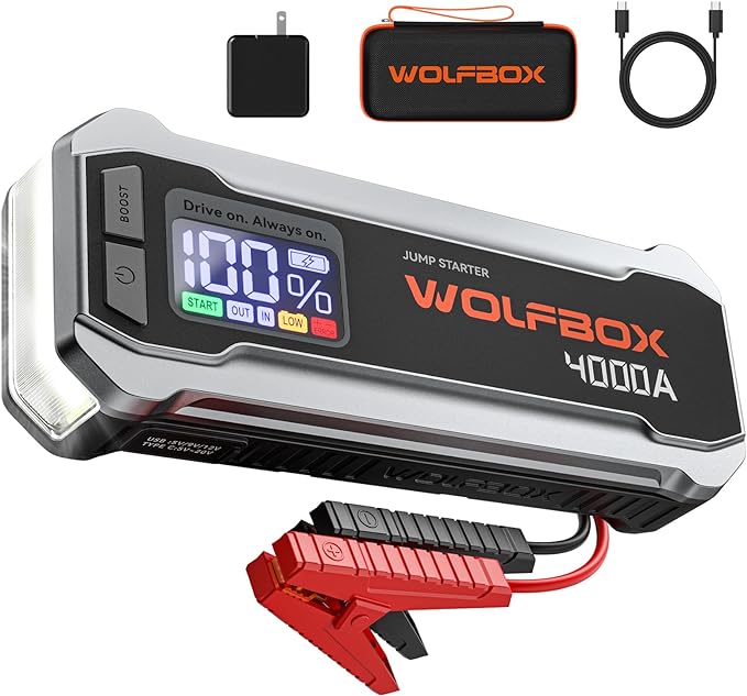 WOLFBOX 4000A Peak Car Jump Starter 24000mAh Battery Pack w/ 65W USB-C Output $79.99