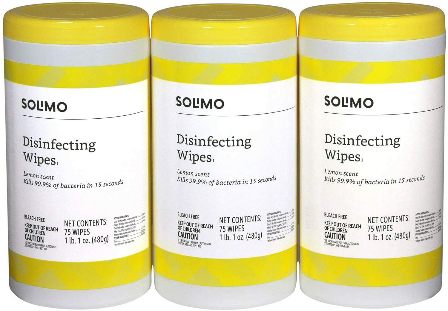 Amazon.com:$8.10-$9.05 w/ S&S Amazon Brand - Solimo Disinfecting Wipes, Lemon Scent, Sanitizes/Cleans/Disinfects/Deodorizes, 75 Count (Pack of 3): Health & Personal Care $8.10