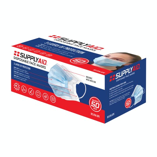 SUPPLYAID RRS-DFM-50PK Disposable Face Masks | 50 Count | 3-Layer $2.99