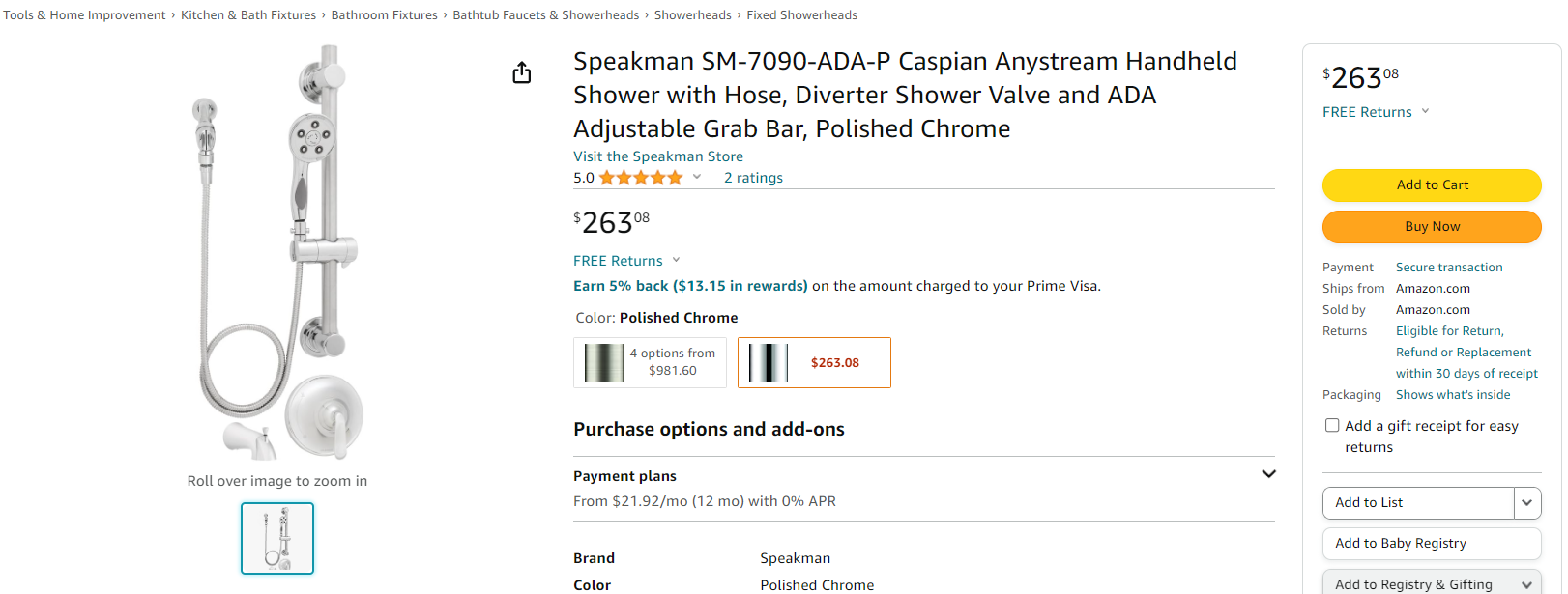 Speakman Caspian Anystream Handheld Shower (Polished Chrome) for $263.08 with Free Shipping at Amazon