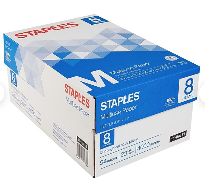8-Ream 500-Sheet Staples Multiuse Copy Paper White (8.5"x11") $25.65 + Free Shipping
