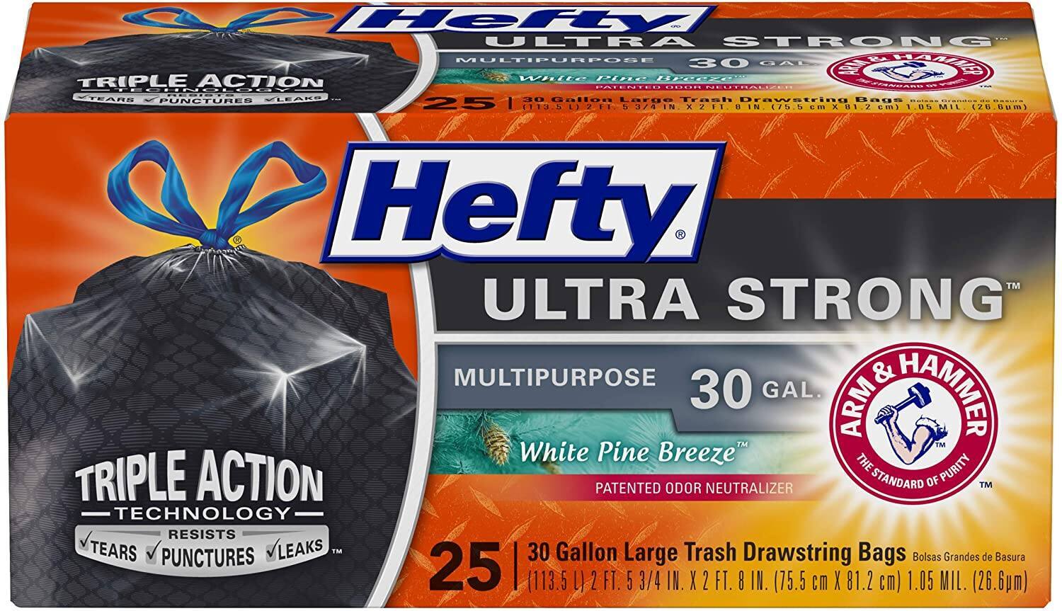 25-Ct 30-Gallon Hefty Ultra Strong Large Trash Bags (White Pine Breeze) $4.63 w/ S&S + Free Shipping w/ Prime or on $25+