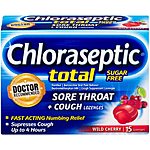 15-Count Chloraseptic Total Sore Throat + Cough Lozenges (Sugar Free Wild Cherry) $1.73 + Free Shipping w/ Prime or on $25+