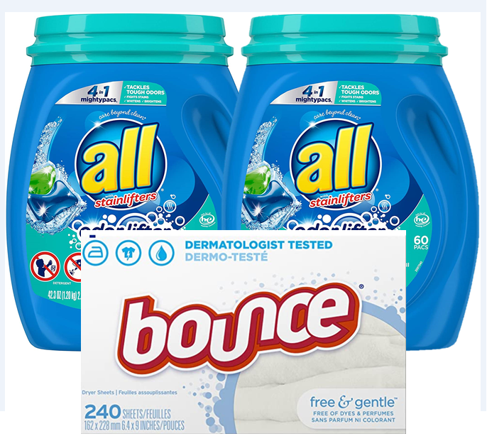120-Ct All Mighty 4-in-1 Laundry Detergent Pacs + 240-Ct Bounce Dryer Sheets (Free & Gentle) $15.55 & More w/ S&S + Free Shipping