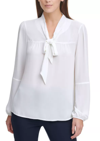 DKNY Women's Tie-Neck Long Sleeve Top (White) $14, DKNY Women's Patterned Cape Top $14 & More + 6% Slickdeals Cashback + Free Store Pickup at Macy's or FS on $25+