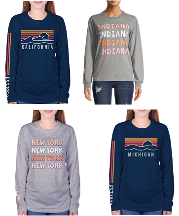 Mad Engine Women's Long Sleeve Graphic State Tees: New York, California, Michigan, Indiana & More From $4.50 + FS w/ Walmart+ or FS on $35+