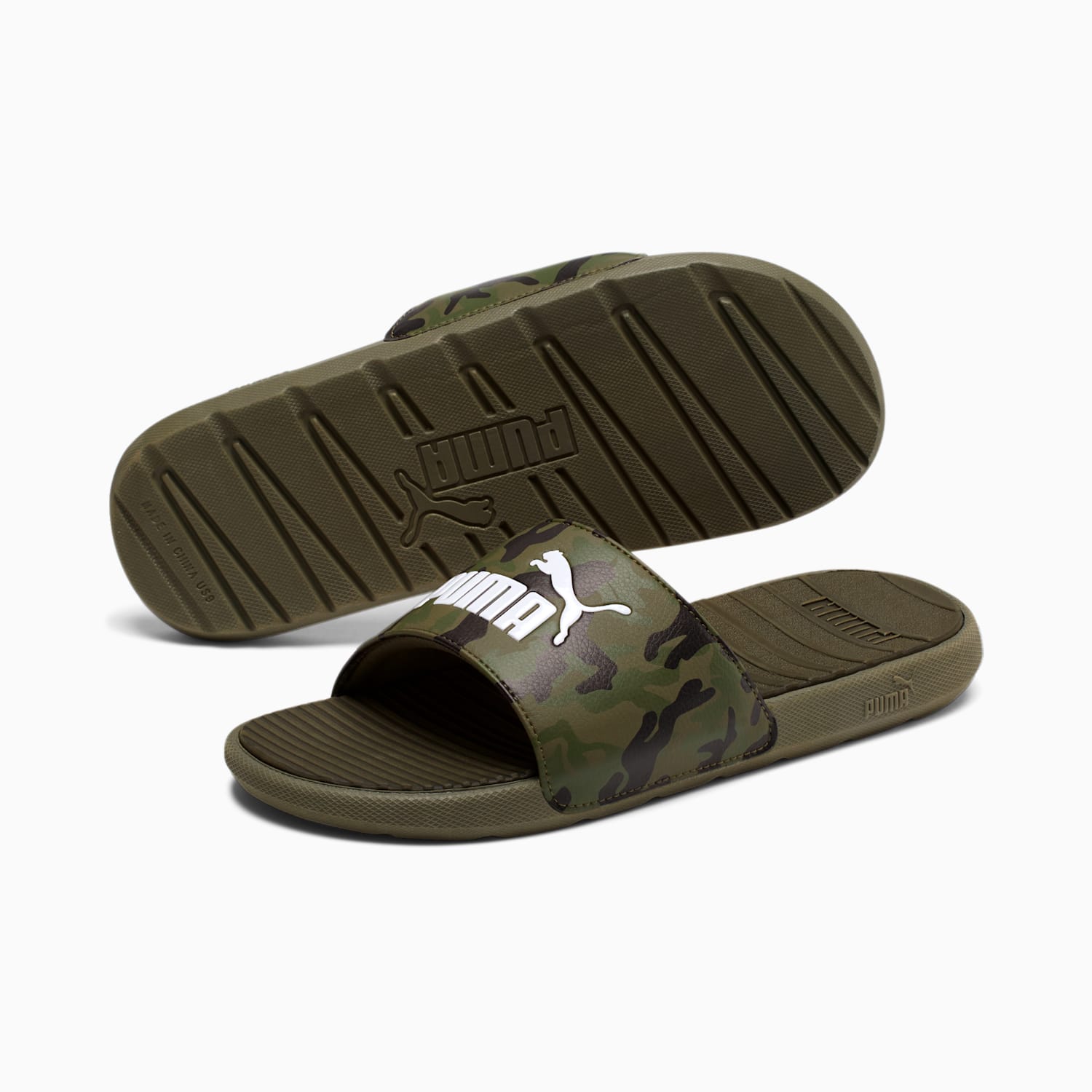 Puma: Men's Cool Cat Camo Slide Sandals (dark olive) $10, Women's Cool Cat Slide Sandals (2 colors) $10 & More + Free Shipping on $50+