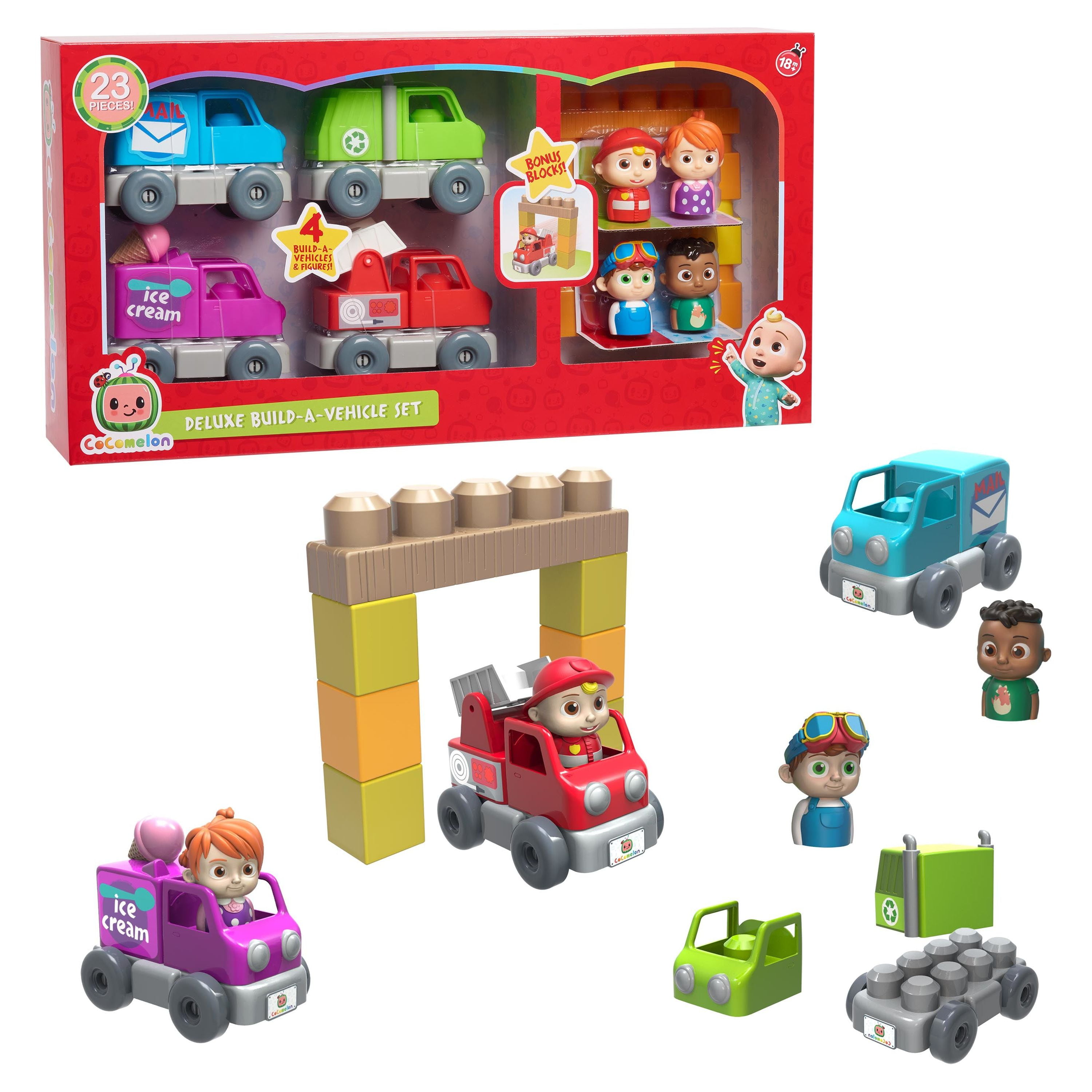 23-Piece Just Play CoComelon Kids' Build A Vehicle Playset w/ 4 Vehicles & 4 Figures $8.15 + Free Shipping w/ Walmart+ or on $35+