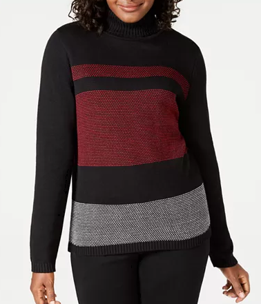 Karen Scott Women's Sweater Sale: Petite Colorblocked Cotton Turtleneck Sweater (various) $10, Pointelle Marled Cardigan (various) $12.33 & More + Free Ship to Store at Macy's