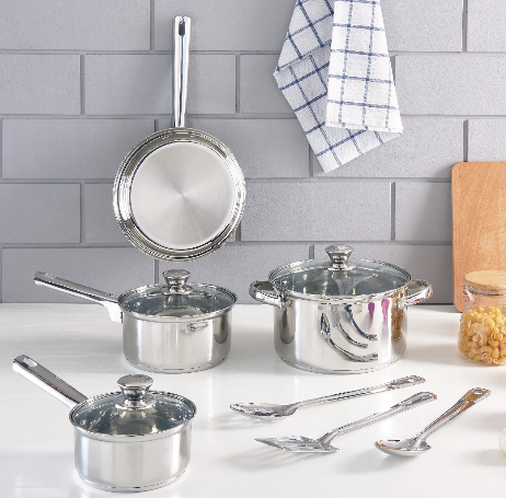 10-Piece Mainstays Stainless Steel Cookware Set w/ 3 Kitchen Tools $19.88 + Free Store Pickup at Walmart, or Free S/H on $35+