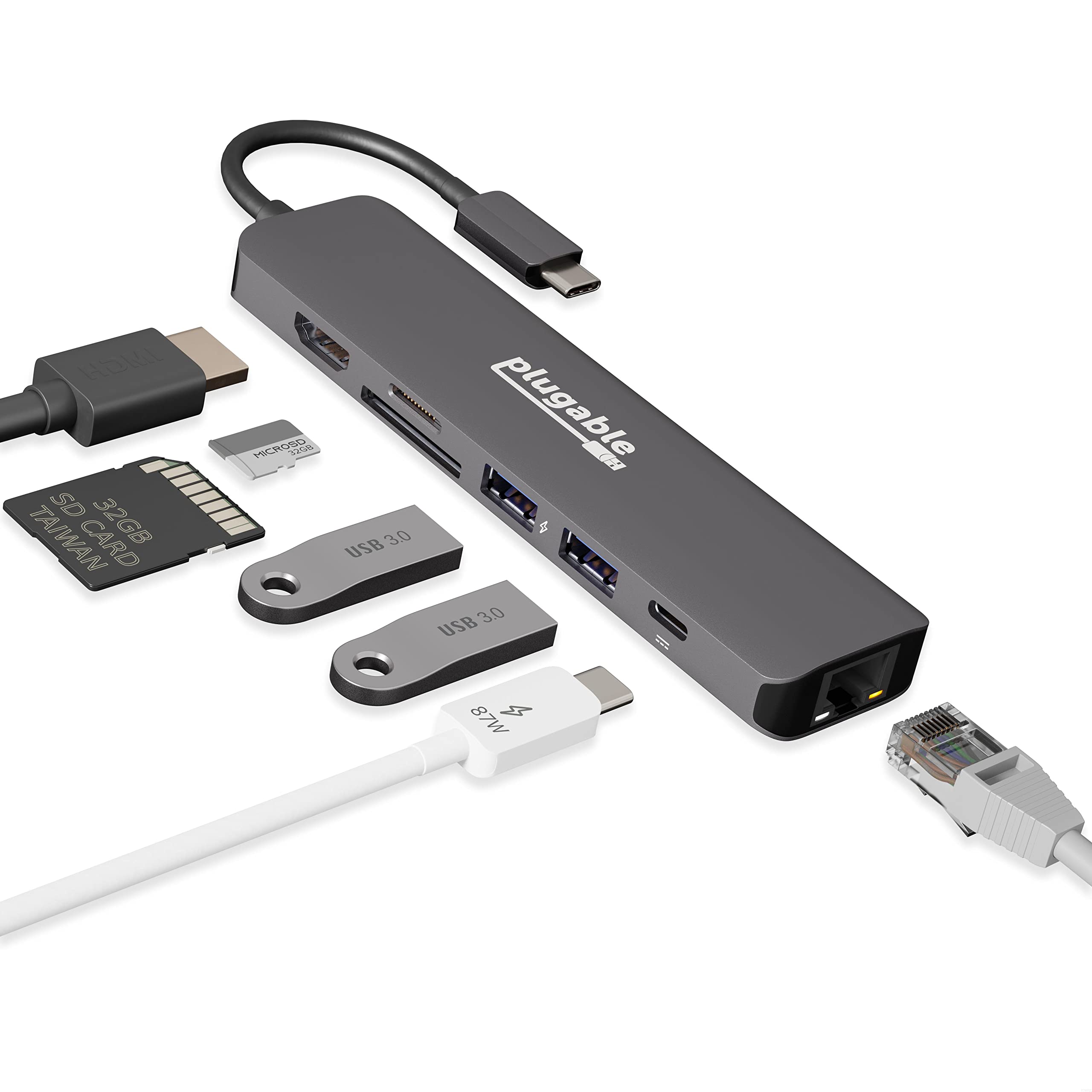 Amazon.com: Plugable 7-in-1 USB C Hub Multiport Adapter with Ethernet (87W Charging) $33.95