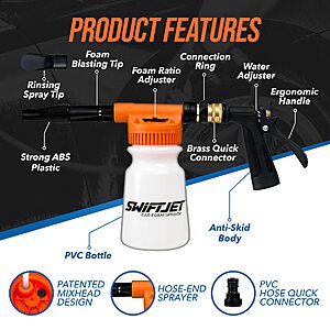 SwiftJet Car Wash Foam Cannon Spray Gun + Microfiber Wash Mitt