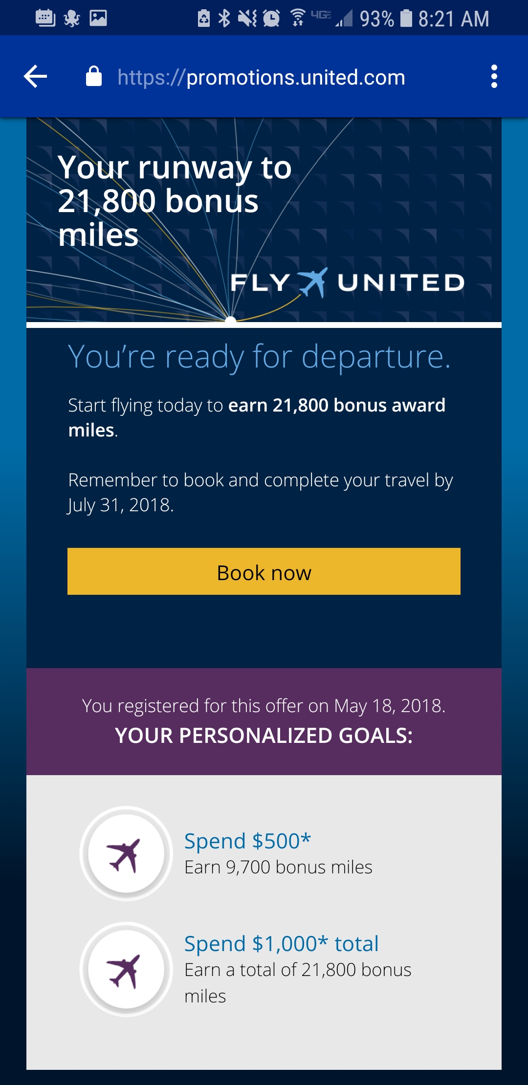 United MileagePlus Promotion: 21,800 Bonus Miles (YMMV)