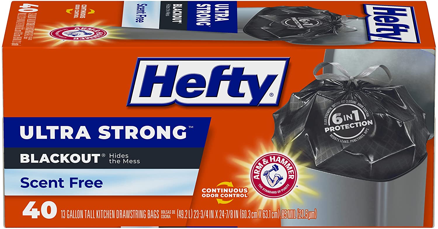 40-Ct 13-Gal Hefty Ultra Strong Tall Kitchen Trash Bags (Blackout / Scent Free) $5.45 w/ S&S + Free Shipping w/ Prime or on $25+