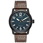 Citizen Men's Eco-Drive Weekender Garrison Field Watch in Black IP Stainless Steel with Brown Leather strap, Navy Dial (Model: BM8478-01L) $148